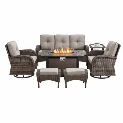 Patio Furniture Set Built for Year-Round Comfort, 50K BTU Fire Pit Table, Swivel Chairs, Weather Resistant