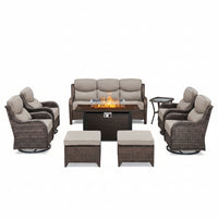 9-Piece Patio Set with Fire Pit, Swivel Chairs & 6" Cushions