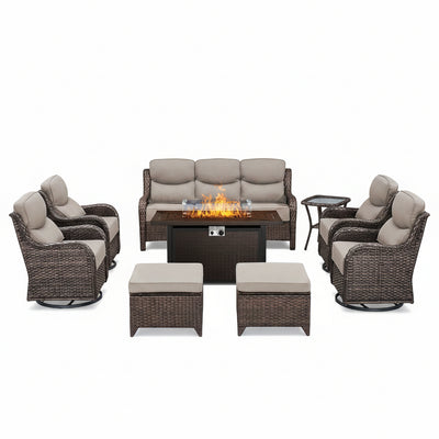 Outdoor Patio Furniture Set Built for Year-Round Entertaining, Fire Pit Table, Swivel Chairs, 6-Inch Cushions