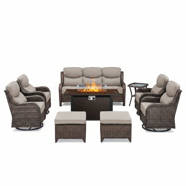 9-Piece Patio Set with Fire Pit, Swivel Chairs & 6" Cushions