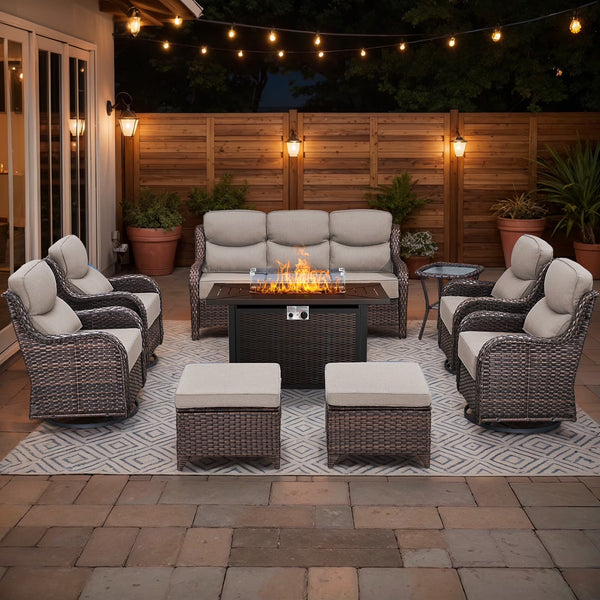 Outdoor Patio Furniture Set Built for Year-Round Entertaining, Fire Pit Table, Swivel Chairs, 6-Inch Cushions