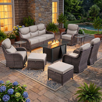 9-Piece Patio Set with Fire Pit, Swivel Chairs & 6" Cushions — product view 3