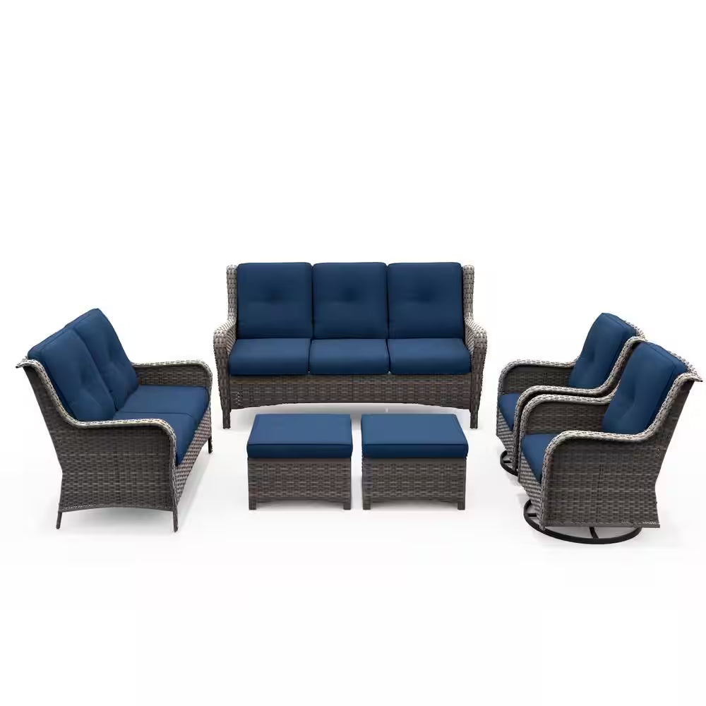 6-Piece Outdoor Patio Conversation Set with Blue Cushions