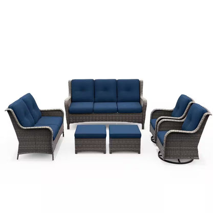 6-Piece Outdoor Patio Conversation Set with Blue Cushions