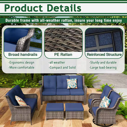 6-Piece Outdoor Patio Conversation Set with Blue Cushions — product view 3
