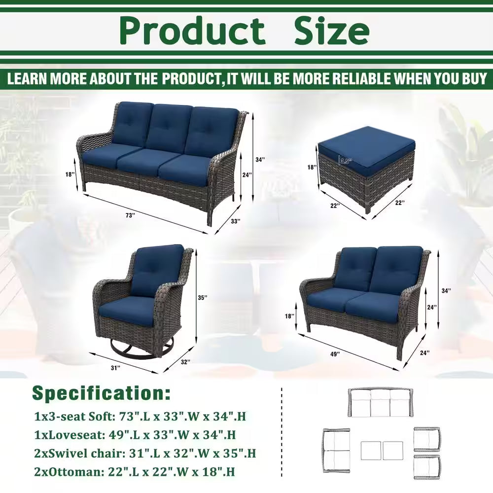 6-Piece Outdoor Patio Conversation Set with Blue Cushions — product view 4