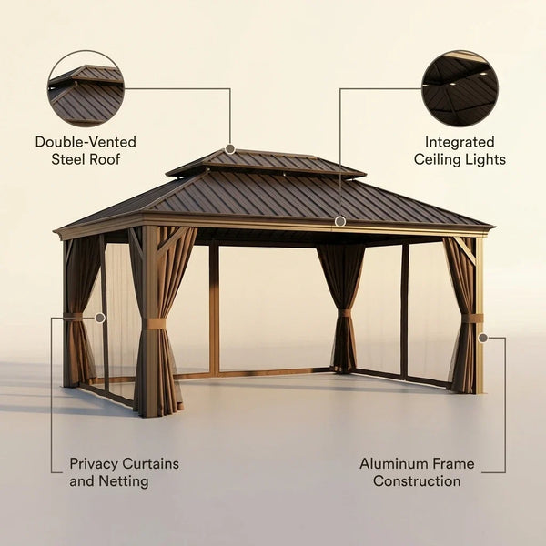 14 x 20 Ft. Hardtop Gazebo with Netting and Curtains — infographic