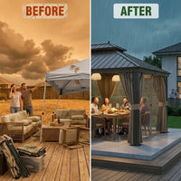 Outdoor Gazebo Engineered for Year-Round Use, Aluminum Frame, Double Steel Roof, Mosquito Netting, 280 Sq Ft — Before & After